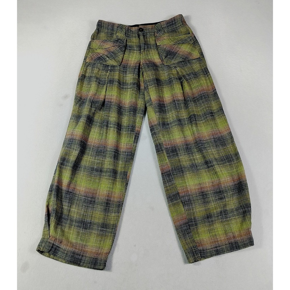 Free People Women Green Yellow Plaid Pants Sz 2 Cotton Button Zipper Closer